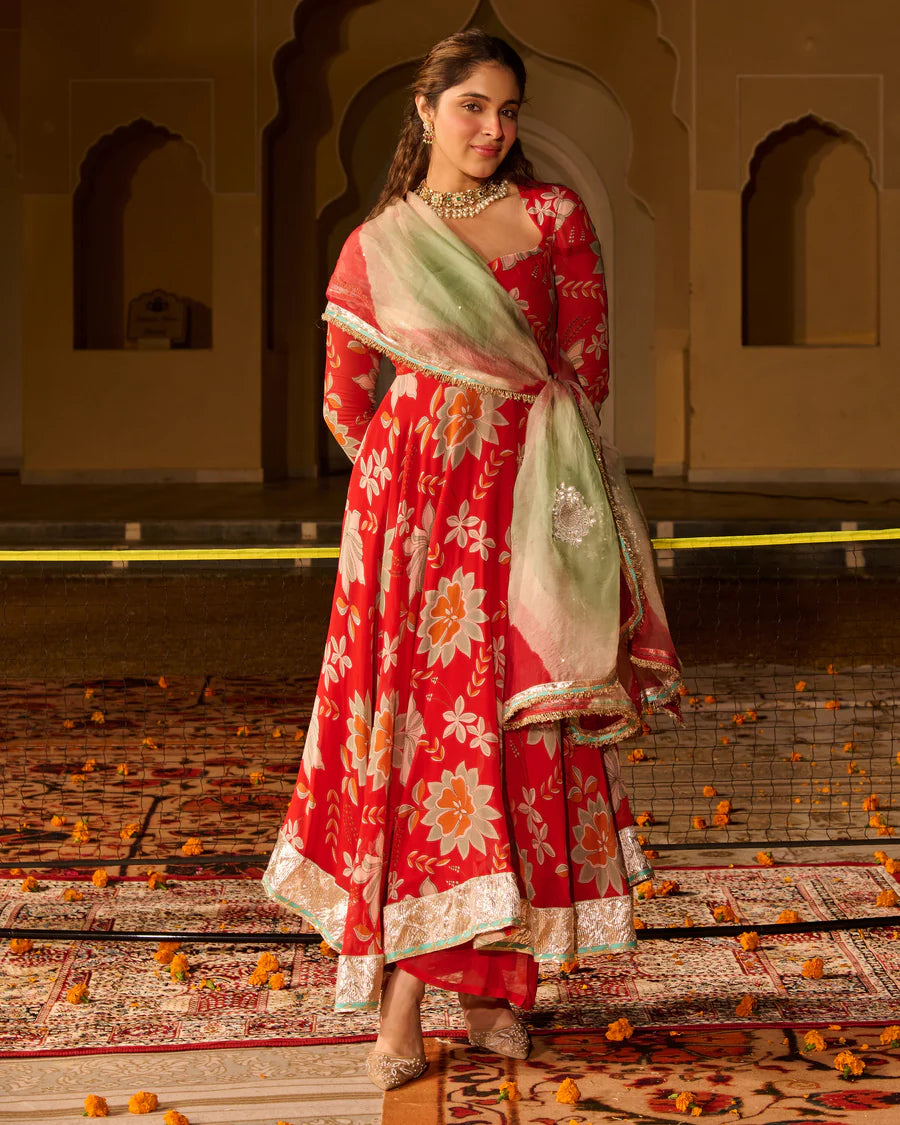 Zeenat Red Printed Georgette Suit Set