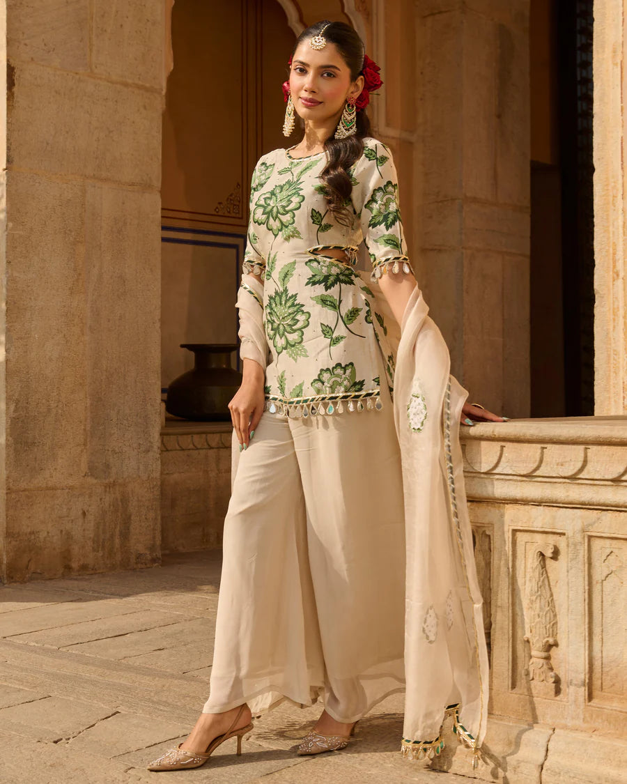 Opal Grey Printed Chanderi Suit Set