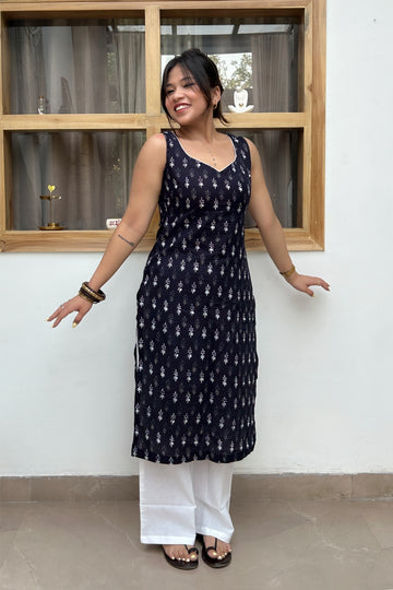 Rim Jhim  - Black Dabu Sleeveless Kurti & Straight Pant Set