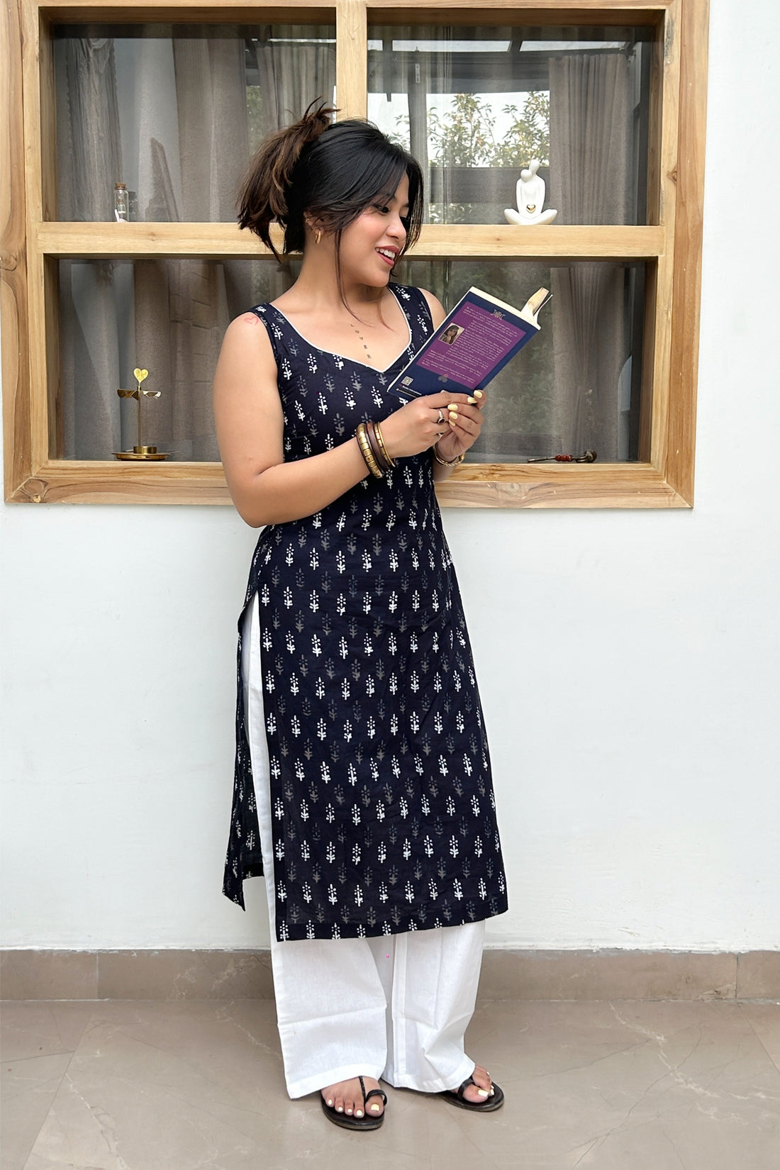 Rim Jhim  - Black Dabu Sleeveless Kurti
