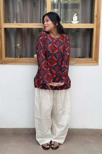 Laal Chardhi Ajrak A-Line Kurti & Farsi Salwar Set